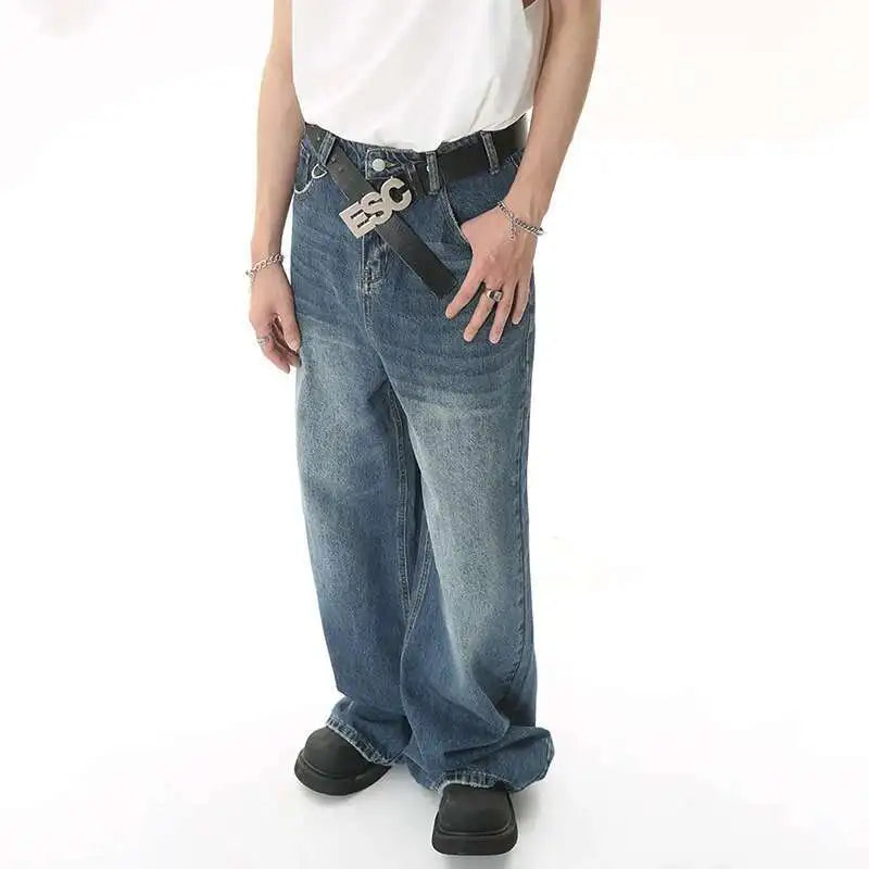 Wide Straight Leg Denim Pants - Blue