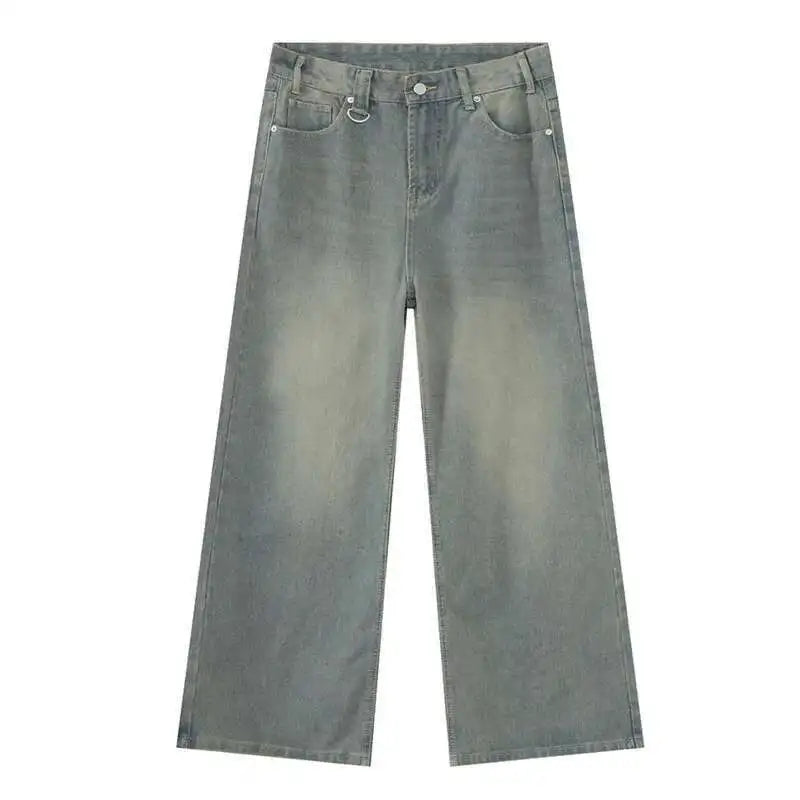 Wide Straight Leg Denim Pants - Cyan