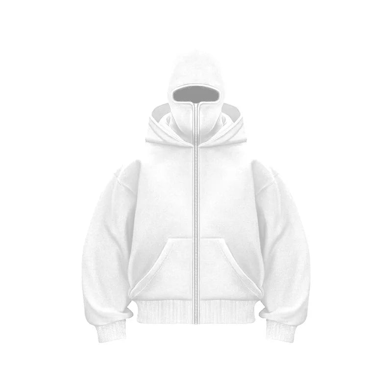 Masked Zip Up Hoodie - White
