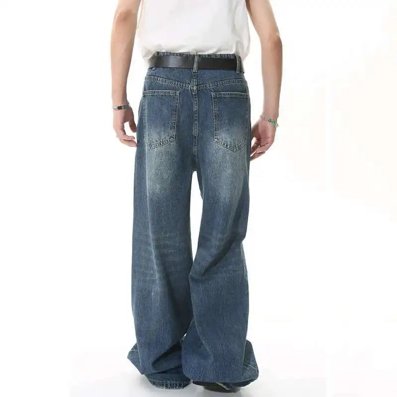 Wide Straight Leg Denim Pants - Blue