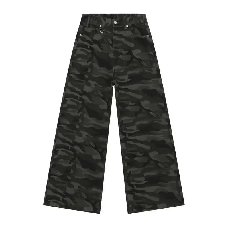 Wide Straight Leg Denim Pants - Dark Camouflage
