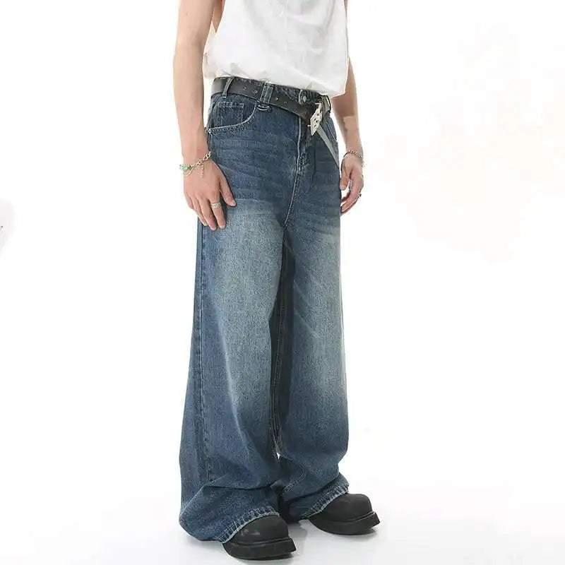 Wide Straight Leg Denim Pants - Blue