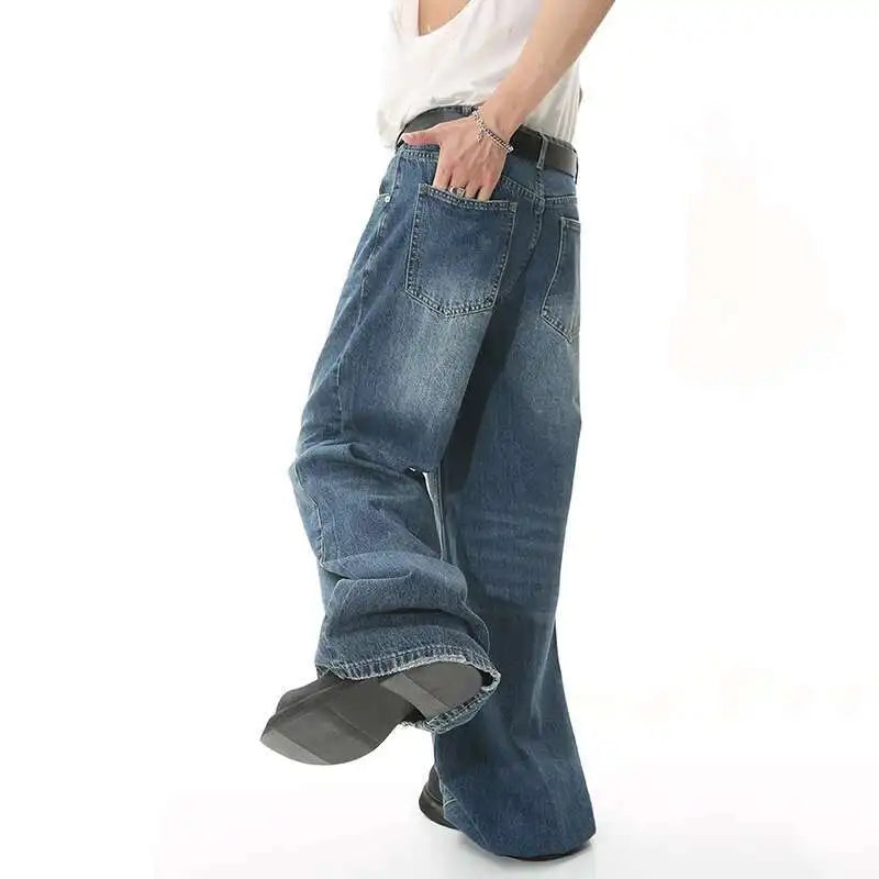 Wide Straight Leg Denim Pants - Blue