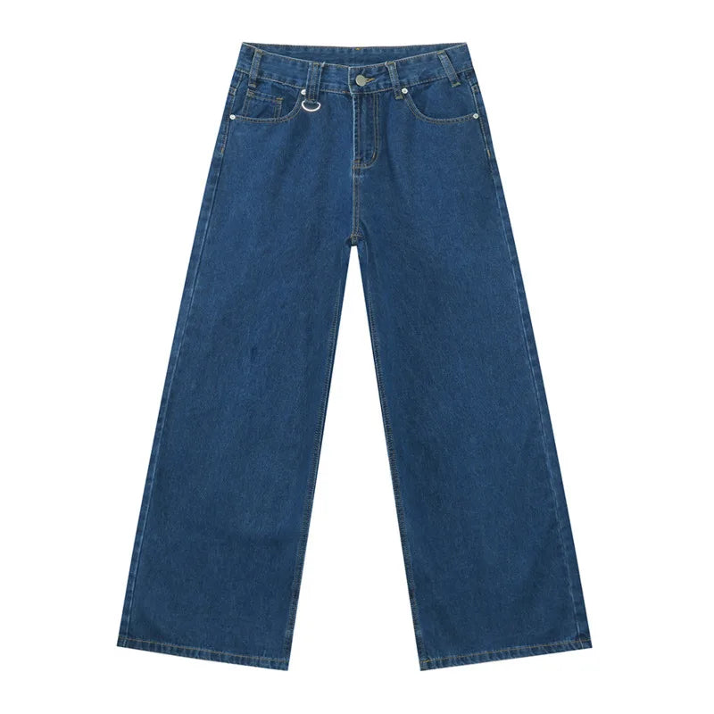 Wide Straight Leg Denim Pants - Dark Blue