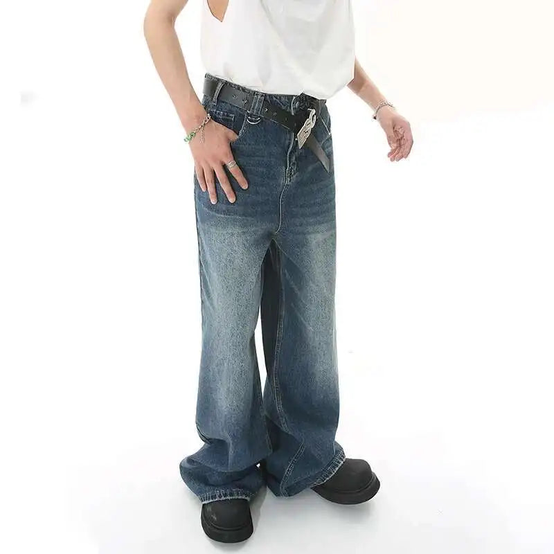 Wide Straight Leg Denim Pants - Blue